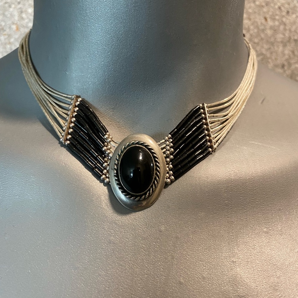 Womens Sterling Choker With Black Pendant